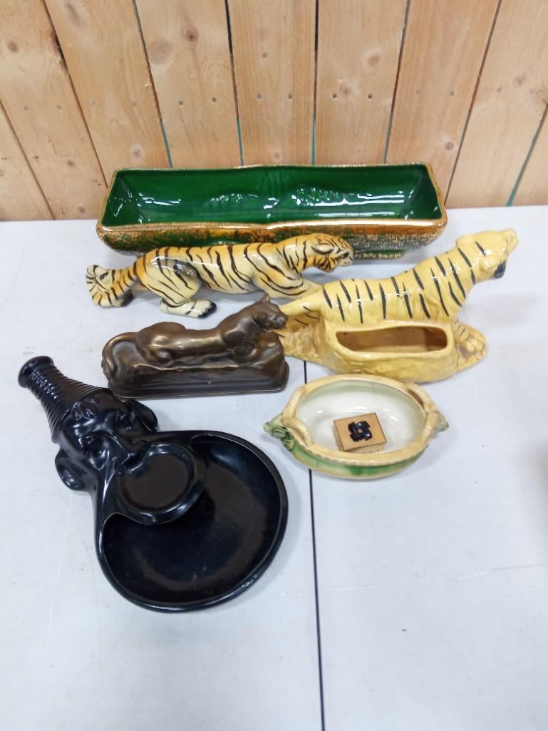 Lot of Collectibles incl Tiger Figure, Tiger Planter, Wild Cat Cast Metal Figure, Small Trinket Box, (1 of 8)