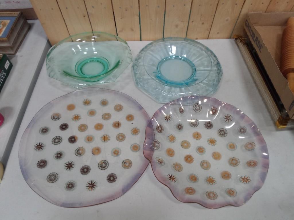 2 MCM Sinclair Glass Glama Glass Serving Dishes, a Blue Glass Rolled Edge Bowl,: 2 MCM Vintage Mid Century Modern Sinclair Glass Glama Glass Serving Dishes, a Blue Glass Rolled Edge Bowl, and a Green Glass Rolled Edge Bowl