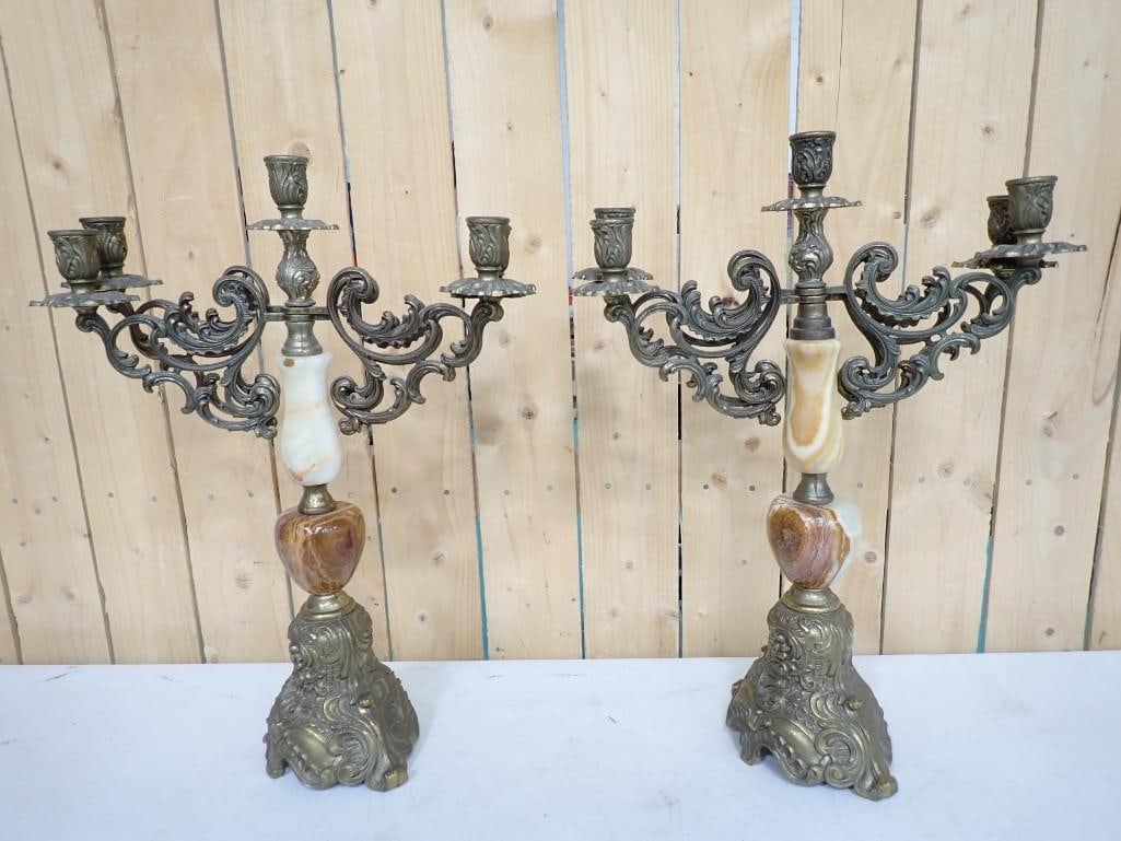 Pr of Antique Candelabras Very Ornate Brass and Stone (1 of 10)