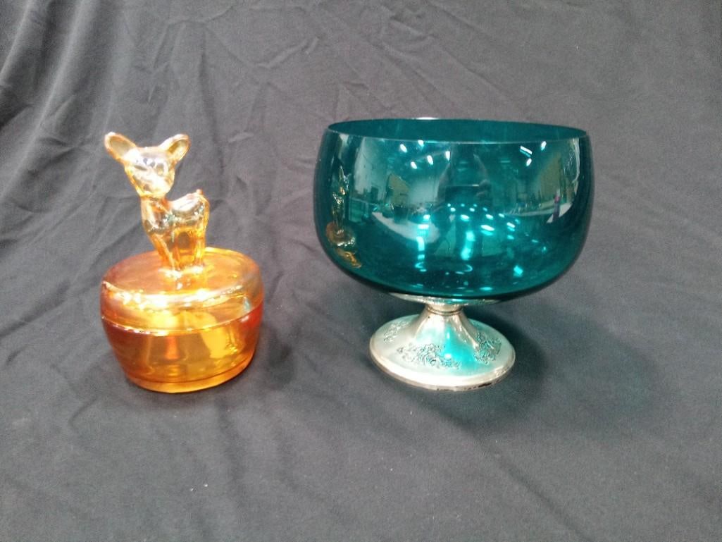 Blue Glass Vase or Goblet with Gorham Sterling Silver Weighted Base, a Fawn Covered Carnival Glass D (1 of 5)