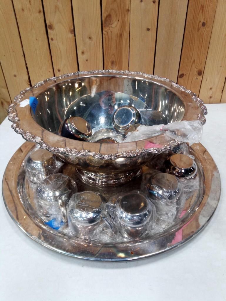 Large Silver Plate Punch Bowl with ladle, serving plate and cups (1 of 20)
