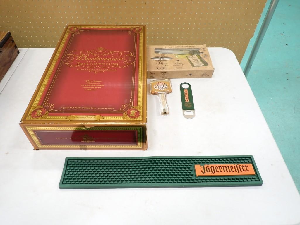 Bar Collectibles Lot including Jagermeister Bar Mat and bottle opener, Budweiser Millennium: Bar Collectibles Lot including Jagermeister Bar Mat and bottle opener, Budweiser Millennium Champagne Bottle with case, Hijos de Villa Tequila Glass Gun Shaped Bottle or Decanter, Beer tapper.