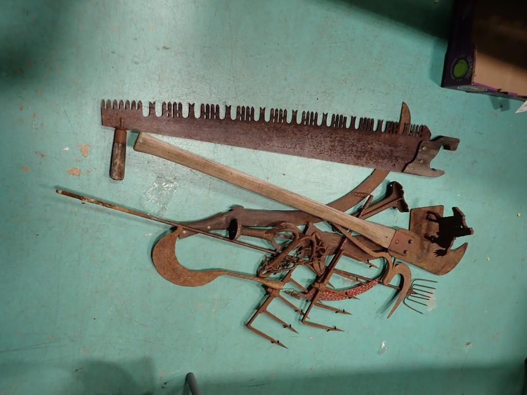 Lot of Rusty Home Decor / Tools including Saw, Cowboy on Horse, Forks, etc. (1 of 8)