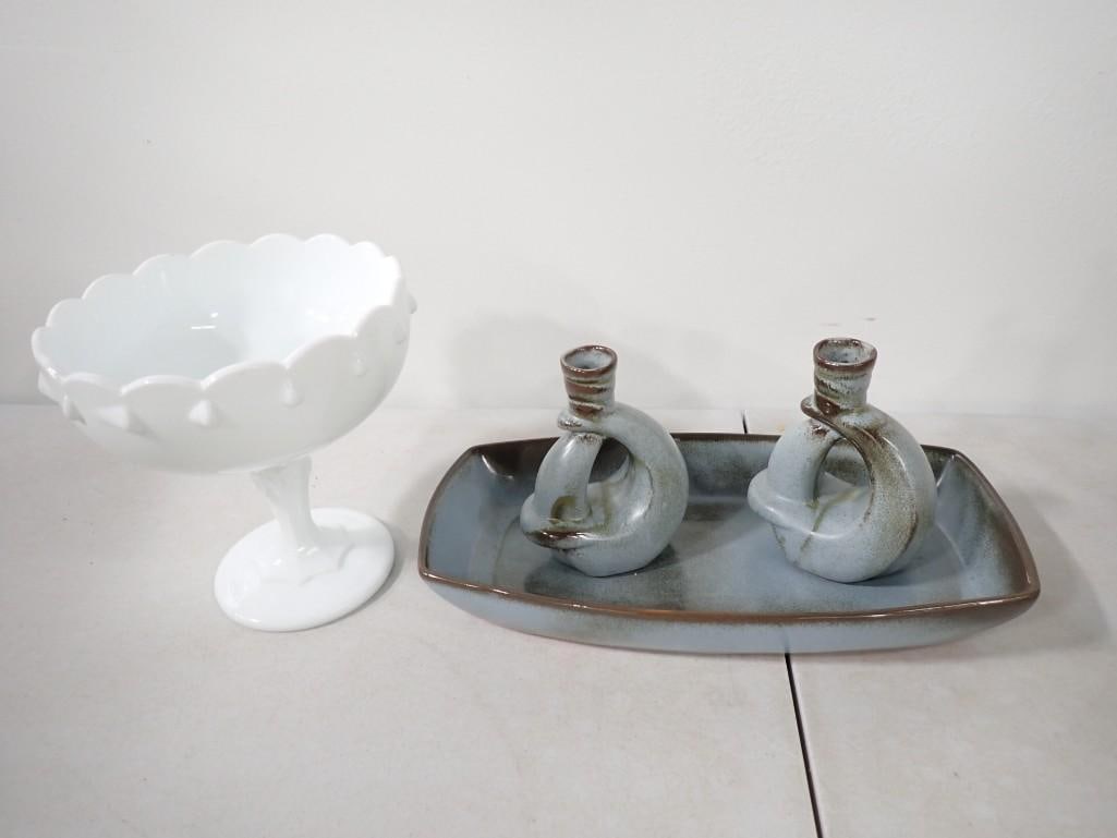 Frankoma Pottery Woodland Moss Candlestick Holders and Platter Plus a Milk Glass Footed Bowl (1 of 10)