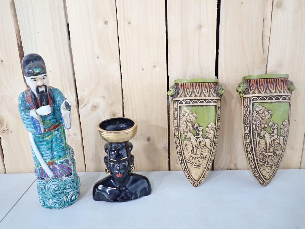 Pr of Vintage Wall Pockets with Horse and Rider Hunting Dog Design, African Style Vase, Asian Style (1 of 7)