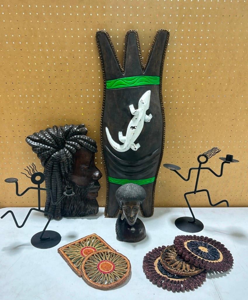 Decor Lot including Wooden Lizard or Gecko Wall Hanging, African Man, Metal People, Trivets (1 of 6)