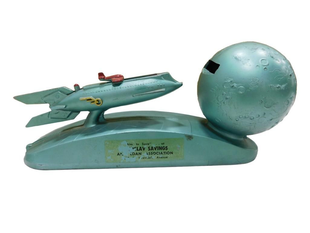 Vtg Strato Rocket & Moon Spring Loaded Metal Bank (1 of 7)