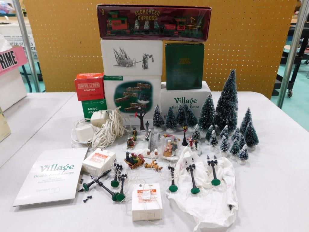 Lot of Department 56 and Other Christmas Village Accessories: Lot of Department 56 and Other Christmas Village Accessories including street lights, pine trees, Evergreen Express train, fence pieces, etc . Condition: please see all pictures. Horse has a broken of