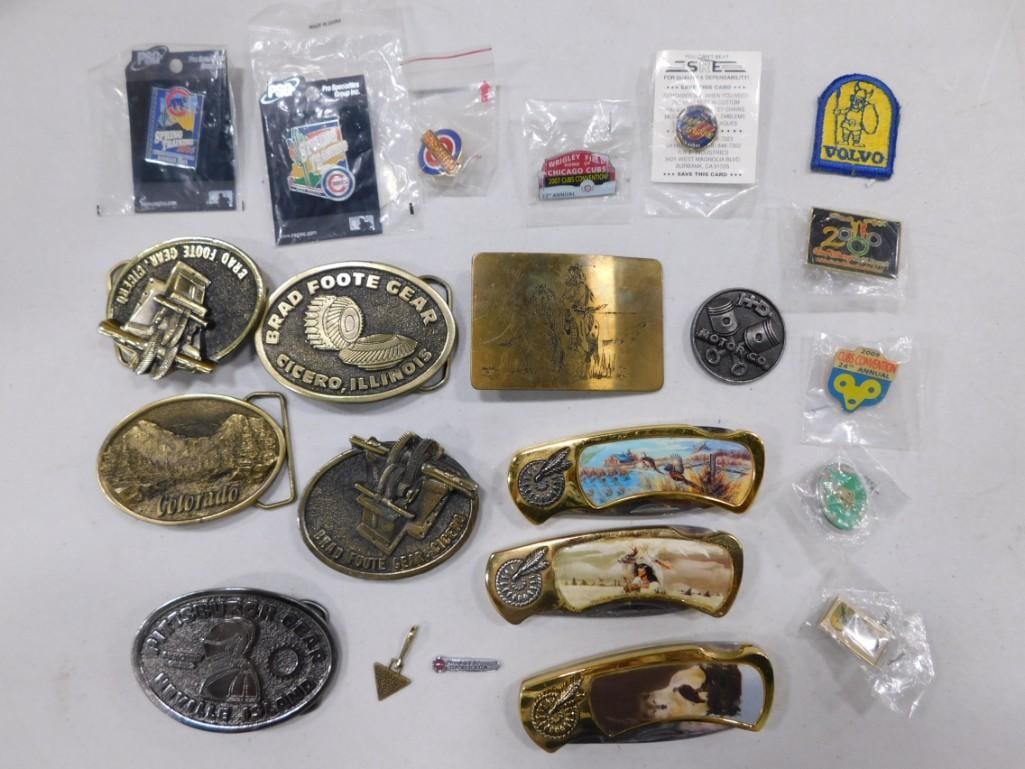 Lot of Belt Buckles, Pocket Knives, Pins, Volvo Patch, etc (1 of 5)