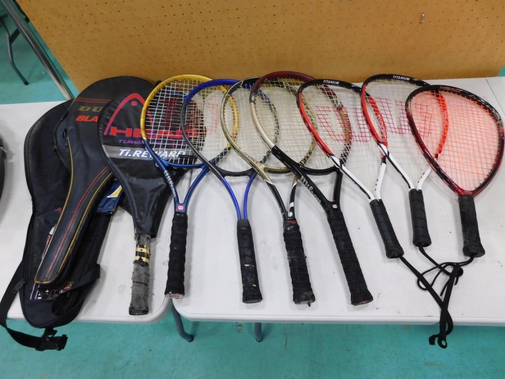 9 Racquets and 3 Cases incl Tennis Rackets and Racquetball Racquets: 9 Racquets and 3 Cases incl Tennis Rackets and Racquetball Racquets . Condition: handle grips are sticky and rotted/need new handle tape
