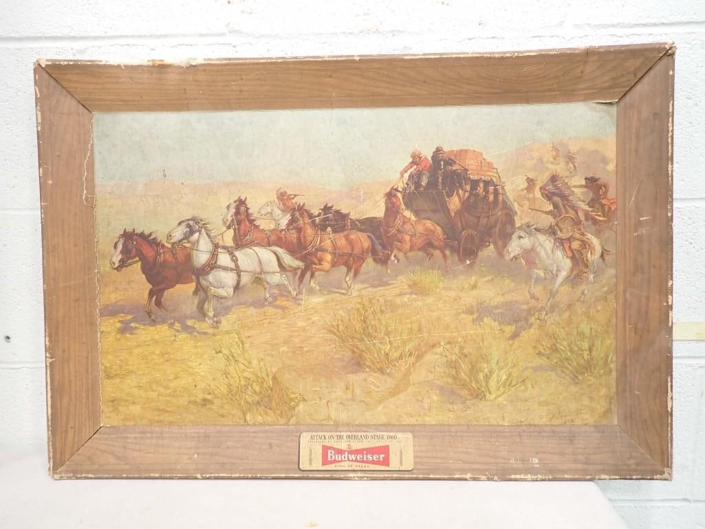 Vintage 1952 Budweiser Attack on the Overland Stage 1860 Print or Advertising Sign 30" x 20 1/2" (1 of 8)