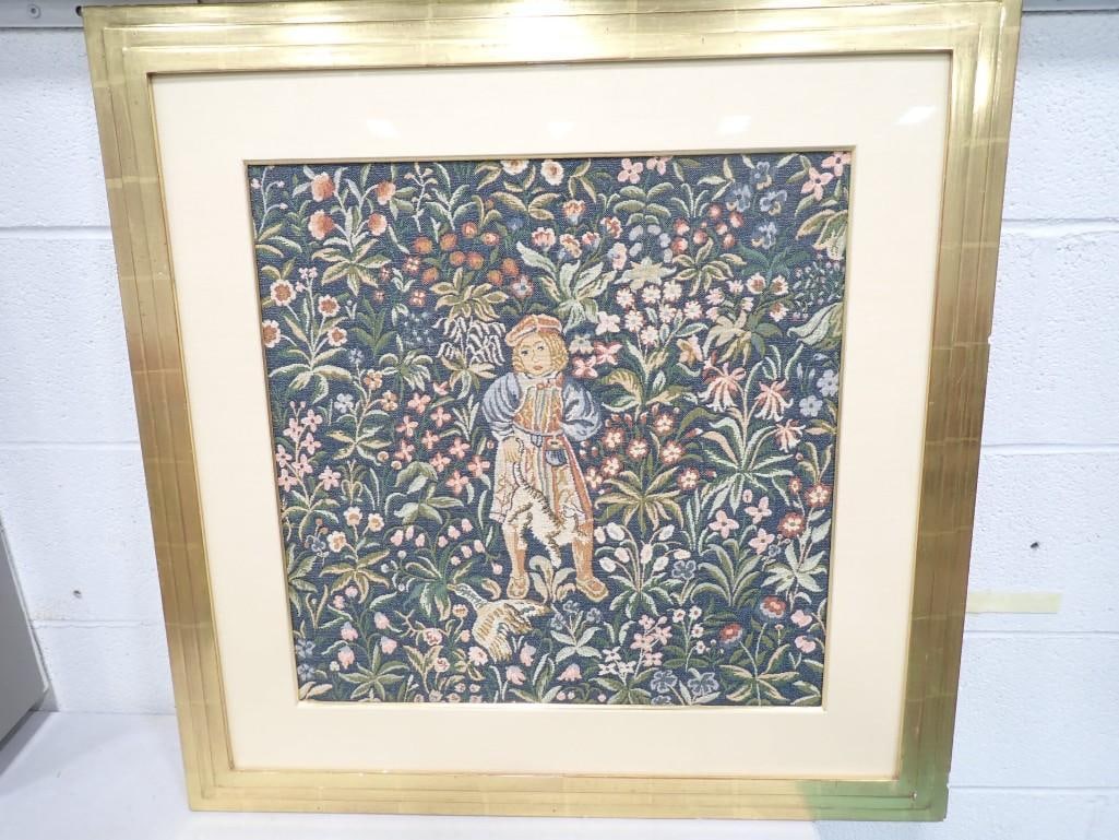 Framed Needlepoint person with a cat, bird and flowers - measures roughly 29x29" (1 of 5)