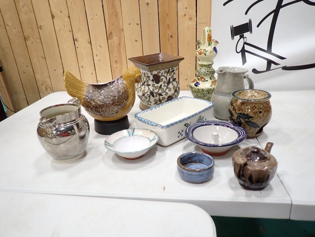 Ceramic / Pottery Lot including Chicken, Casserole, Pitchers, etc: Ceramic / Pottery Lot including Chicken, Casserole, Pitchers, etc