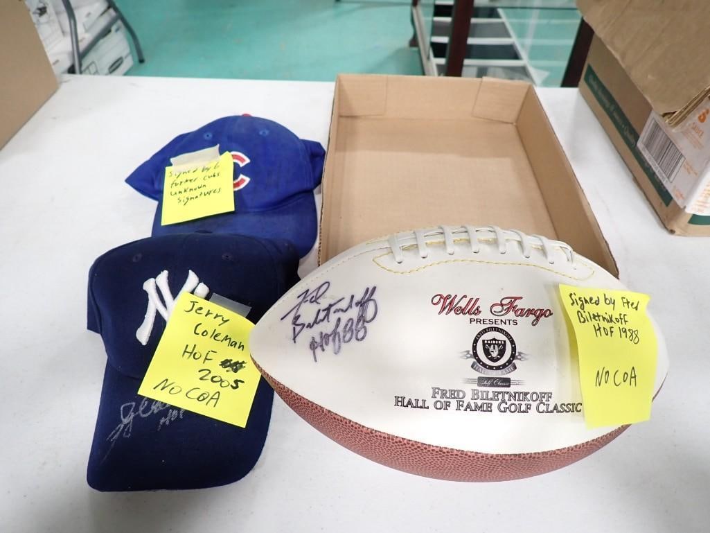 Autographed Hats and Football including Jerry Coleman, Fred Biletnikoff, Chicago Cubs No COAs (1 of 4)