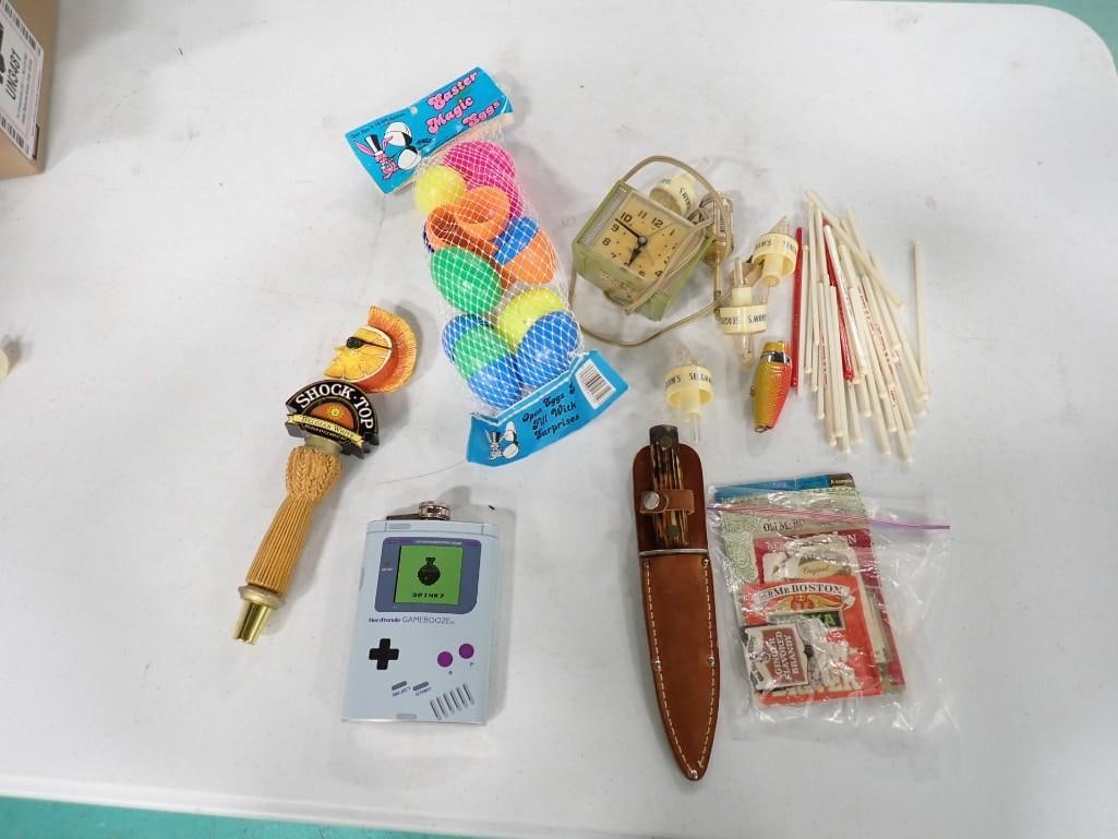 Misc. Lot including Videogame Flask, Shock Top, Vintage Clock, Drink Stirrers, Knife with Sheath (1 of 3)
