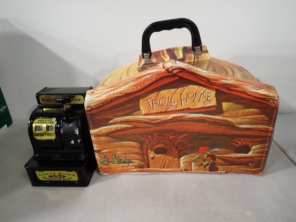 Vintage Toy Cash Register and Troll Dollhouse: Vintage Toy Uncle Sam's Cash Register and Troll Dollhouse . Cash register has some coins in it. Closure on dollhouse is slightly bent.