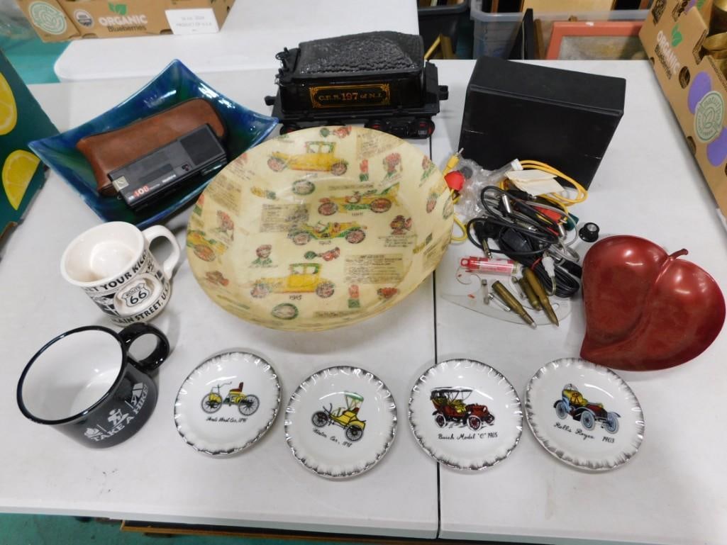 Misc. Lot including Route 66 Mug, Old Car Plates, Decor, Train, etc.: Misc. Lot including Route 66 Mug, Old Car Plates, Royal Haeger, Decor, Train Decanter, etc.