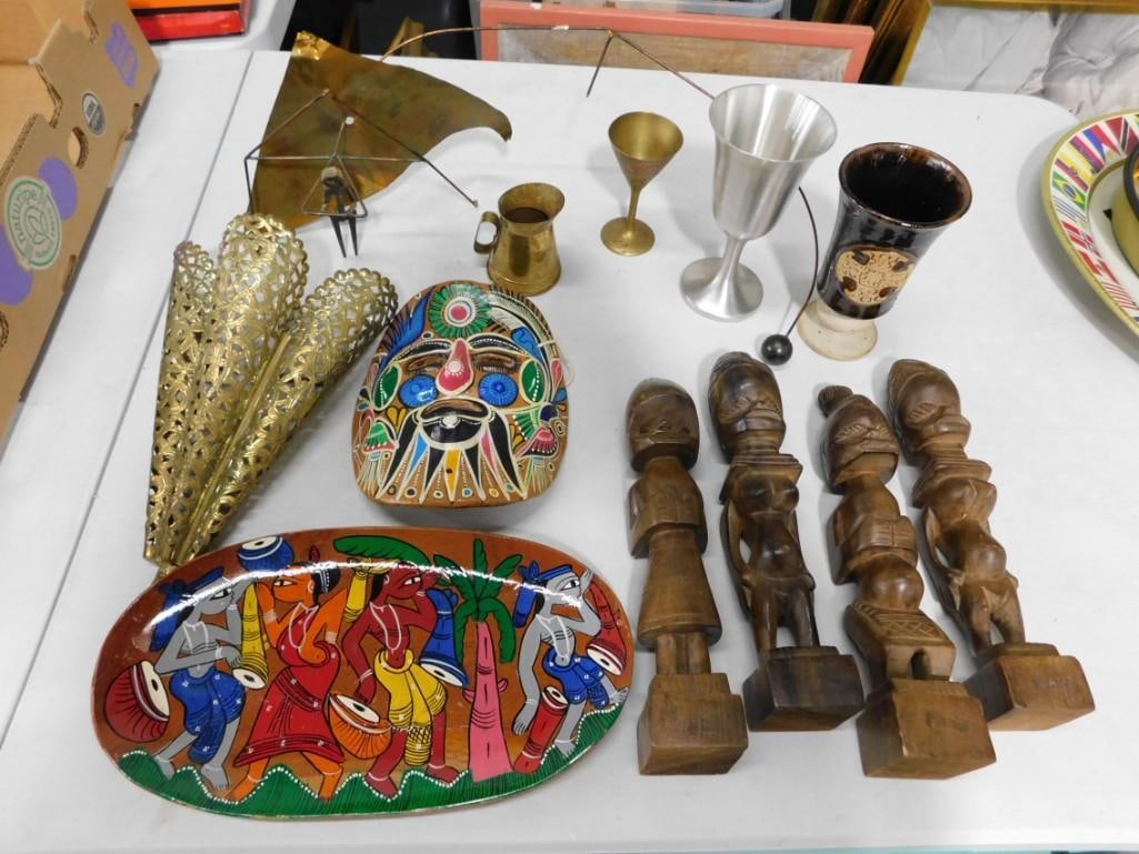 Misc. Collectibles Lot including Wood Carved Tribal Art, Mask, Brass, Glasses, etc. (1 of 8)