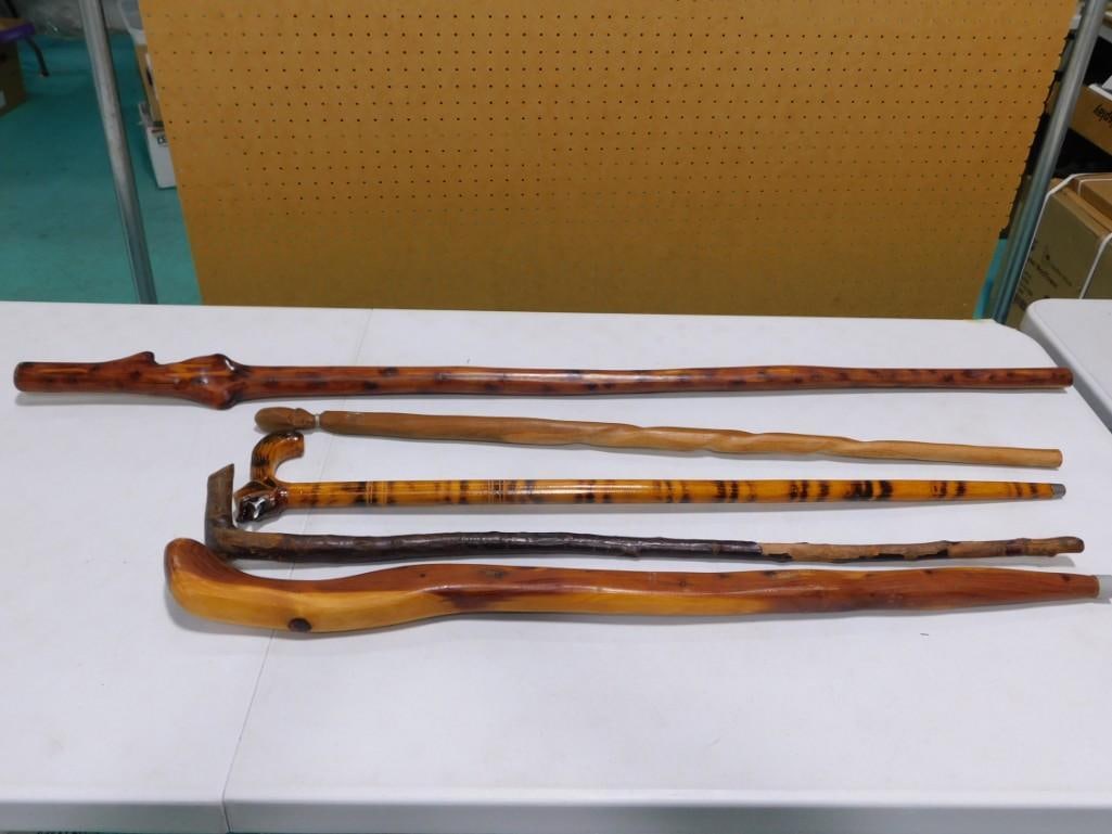 Lot of 5 Carved Wood Walking Sticks or Canes (1 of 5)