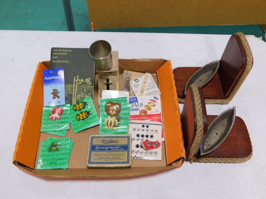 Vintage Smalls / Ephemera Lot including Animal Patches, Buttons/Snaps, Book ends, Firstaid Bandage,: Vintage Smalls / Ephemera Lot including Animal Patches, Buttons/Snaps, Book ends, Firstaid Bandage, Scale, etc.