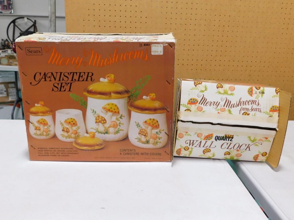 Vintage Merry Mushrooms Ceramic Canister Set Wall Clock with original boxes (1 of 5)