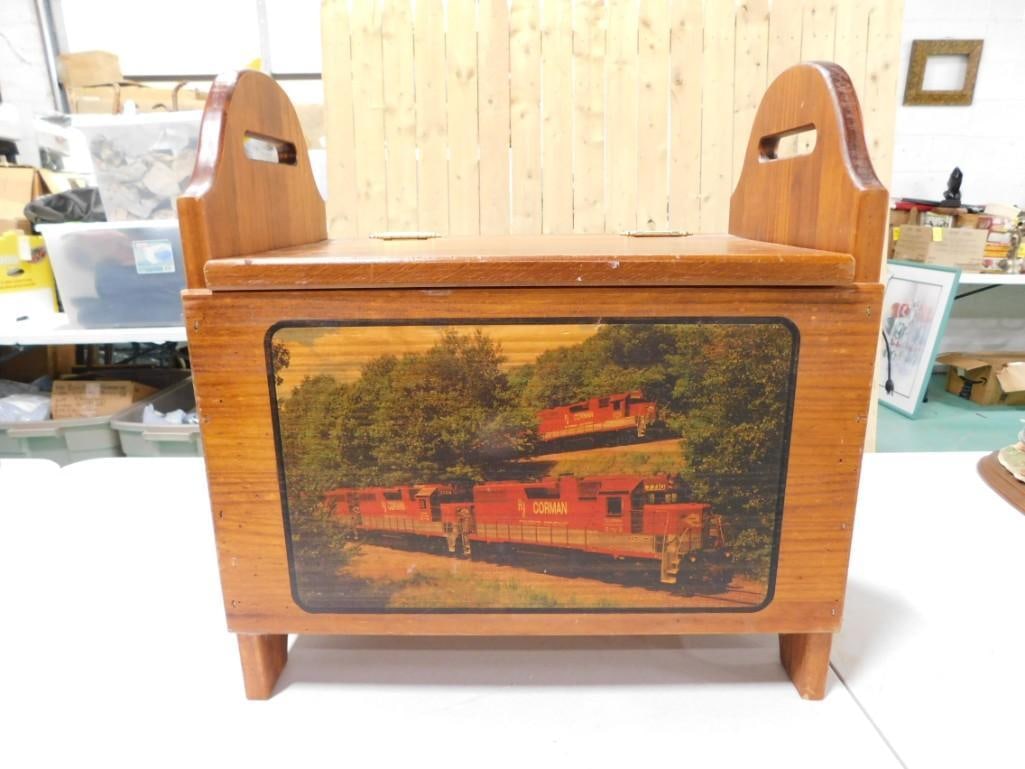 Vintage Storage Stool or Magazine Rack with Train Design: Vintage Storage Stool or Magazine Rack with Train Design