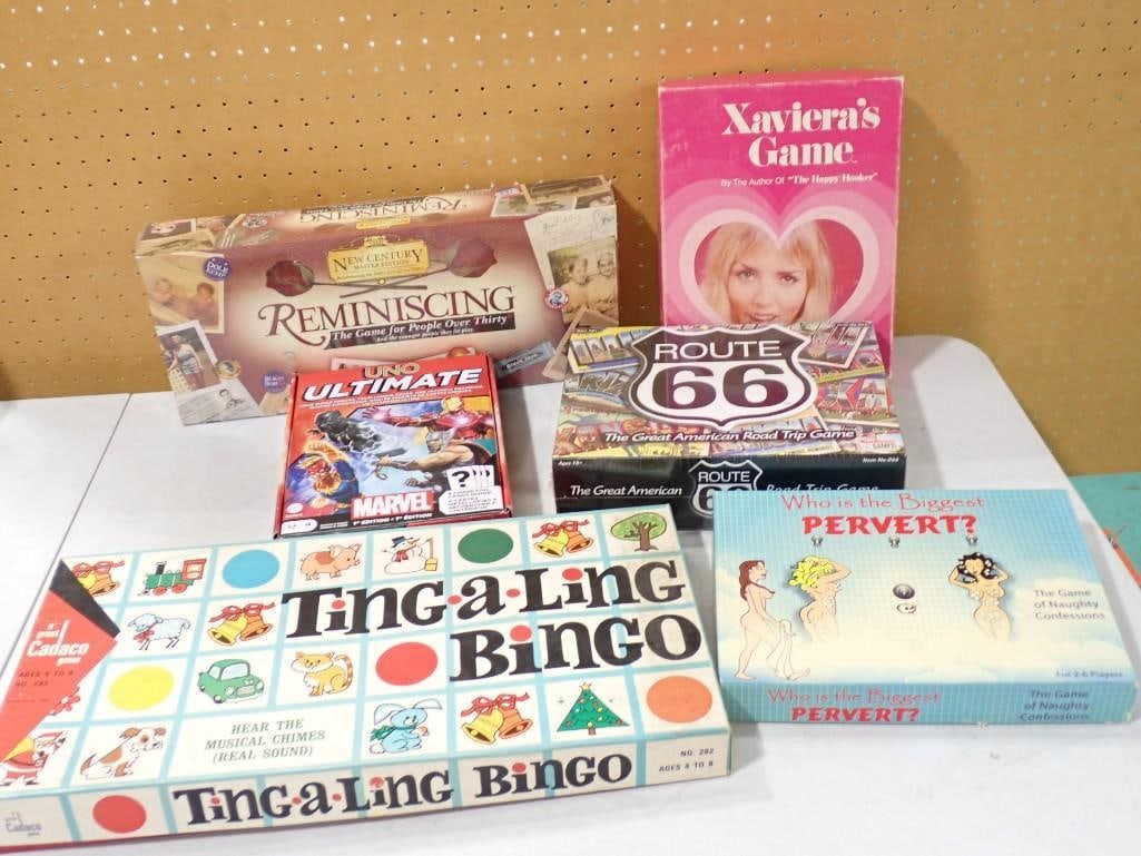 Board Games, etc. Including Ting-a-ling Bingo, Who's the Biggest Pervert, Route 66, Uno Ultimate: Board Games, etc. Including Ting-a-ling Bingo, Who's the Biggest Pervert, Route 66, Uno Ultimate, Reminiscing, Xaviera's Game. Unchecked for completeness.