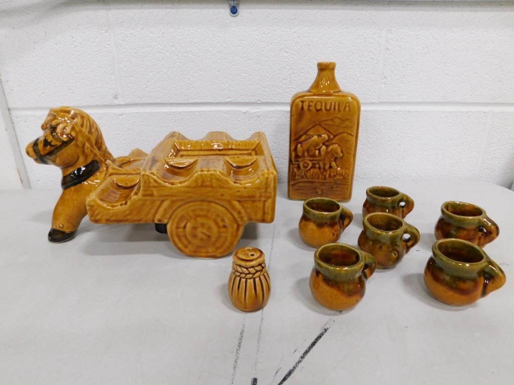 Vintage Ceramic Tequila Shot Set with Donkey / Burrow Stand, 6 Shot Glasses, 1 Bottle, 1 Salt (1 of 7)