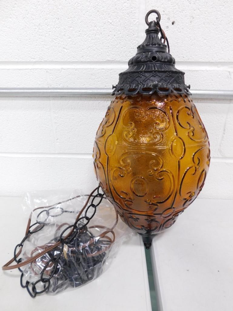 MCM 1960s Amber Glass & Brass Swag Lamp Works (1 of 7)