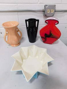 Vases and Dish incl Vtg Belle Kogan for Red Wing 789 Prismatique 1962 Line Bowl: Vases and Dish incl Vtg Belle Kogan for Red Wing 789 Prismatique 1962 Line Bowl, 1940s McCoy Double Handle Vase in Peach/pink, Red Wing #155 Cobalt Blue Vase 1930s Art Deco, Red Art Glass Vase