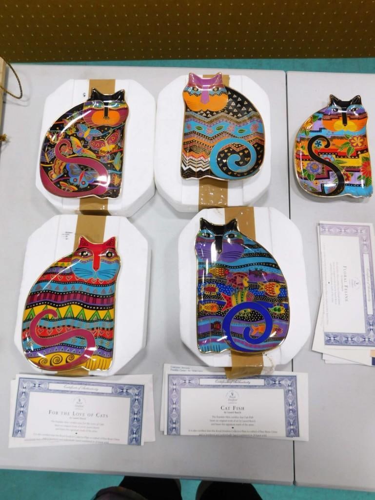 5 Laurel Burch Franklin Mint LE Cat Plates Royal Doulton Lot: 5 Laurel Burch limited edition cat shaped cat/kitten plates including Floral Feline, Tapestry Tabbies, Cat Fish, For the Love of Cats, Fluttering Feline. 4 are in original boxes, 3 with paperwork. By 