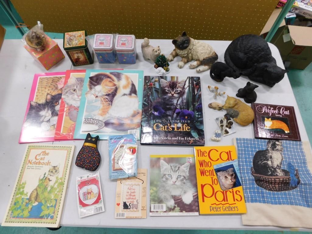 Cats/Kittens Figurines, Books, Etc Lot: Cats and Kittens figurines, books, folders, ornaments, stitching kits, towel, some vintage, etc. Clean, includes items shown