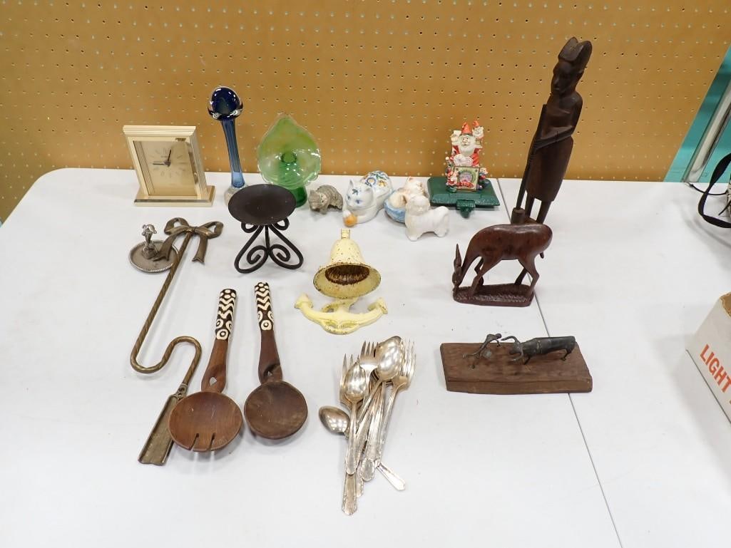 Collectibles Lot incl Jack in the Pulpit Vase, Carved Wood Figures, Wm A Rogers Sectional Flatware, (1 of 16)
