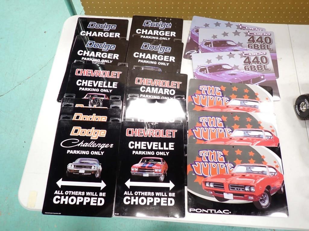 Lot of Metal Signs incl 3 Plymouth Cuda Signs, 3 The Judge Pontiac Signs, 2 Dodge Challenger Signs: Lot of Metal Signs incl 3 Plymouth Cuda Signs, 3 The Judge Pontiac Signs, 3 Dodge Challenger Signs, 2 Chevrolet Chevelle signs, 4 Dodge Charger Signs, Chevrolet Camaro Sign. Signs are roughly 8x12"