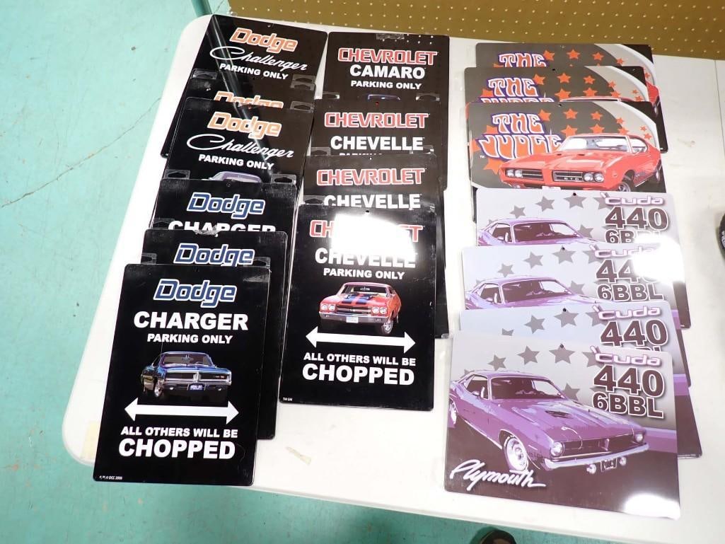 Lot of Metal Signs incl 3 Dodge Challenger Signs, 4 Dodge Charger Signs, 3 Chevrolet Chevelle Signs,: Lot of Metal Signs incl 3 Dodge Challenger Signs, 4 Dodge Charger Signs, 3 Chevrolet Chevelle Signs, a Chevrolet Camaro Sign, 3 The Judge signs, 4 Plymouth Cuda signs. Signs are roughly 8x12"