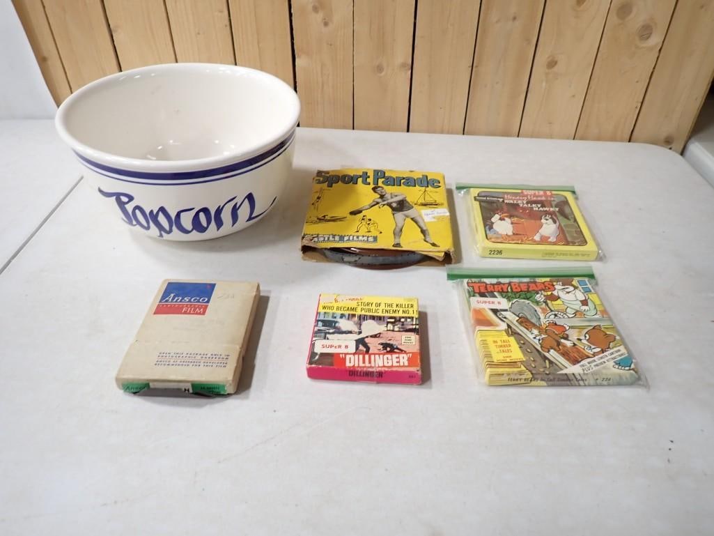 Popcorn Bowl and Vintage Super 8 Films including Dillinger, Terry Bears, Sport Parade, Walky Talky H: Popcorn Bowl and Vintage Super 8 Films including Dillinger, Terry Bears, Sport Parade, Walky Talky Hawky, etc.