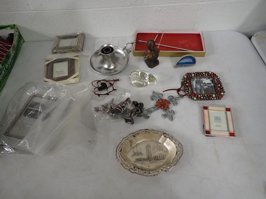 Lot of Home Decor incl 1933 Chicago World's Fair Metal Bowl, Elephant Paperweight, 3 Metal Crosses,: Lot of Home Decor incl 1933 Chicago World's Fair Metal Bowl, Elephant Paperweight, 3 Metal Crosses, Cut Stone Agate Blue, Picture Frames
