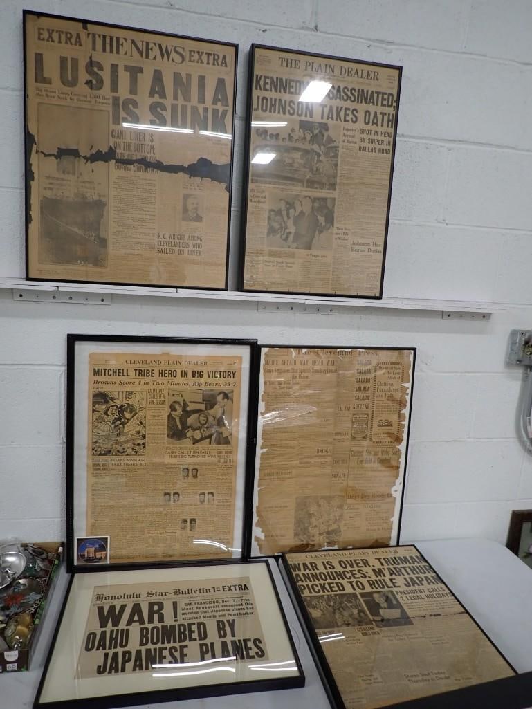6 Framed Newspaper Headlines incl JFK Assassination, WWII, Cleveland, etc (1 of 7)