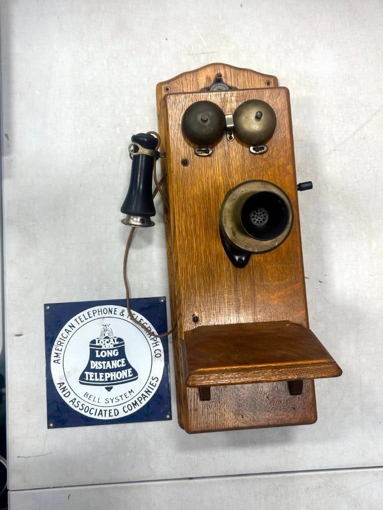 Antique Telephone - Wood and Metal plus a Porcelain Bell System Metal Sign (1 of 8)