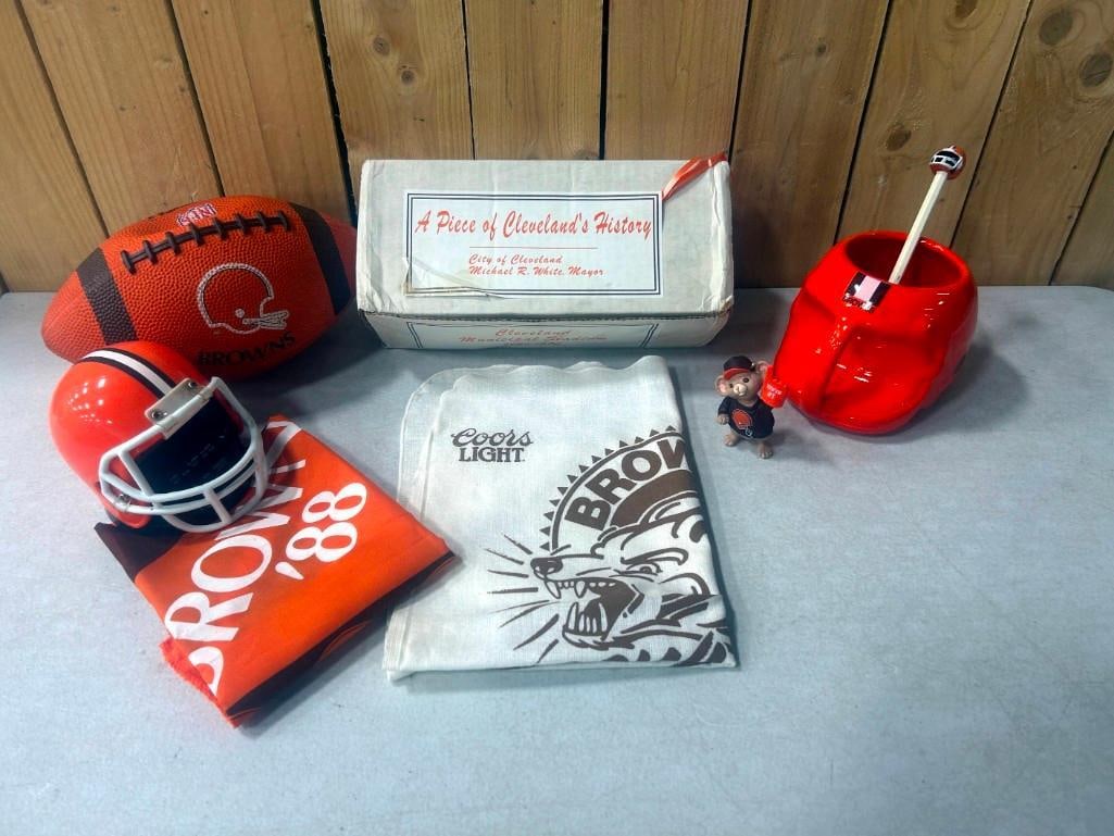Sports Lot including Cleveland Browns collectibles - Coorslight, Brick, Ceramic Helmet Mug, Mini Hel: Sports Lot including Cleveland Browns collectibles - Coorslight, Brick, Ceramic Helmet Mug, Mini Helmet, Football, etc.