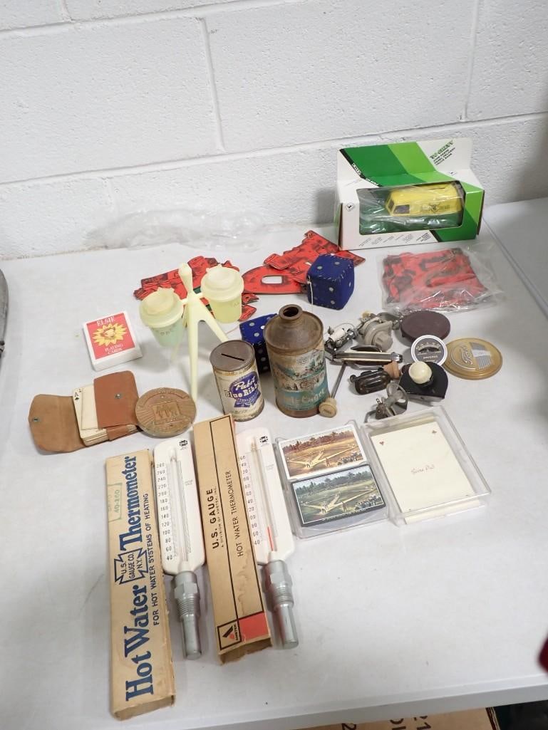 Lot of Smalls incl Old Car Gauges, Etc Hot Water Thermometers, Vintage Playing Cards, (1 of 11)