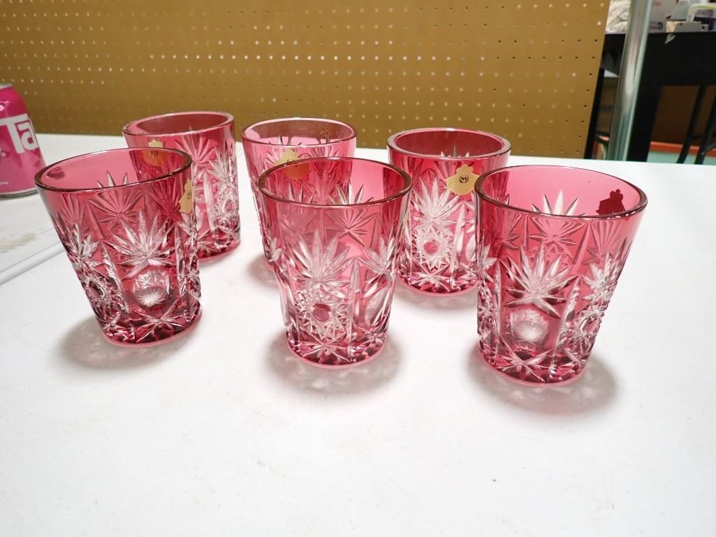 Set of 6 Lead Crystal Cut to Clear Red Drinking Glasses or Tumblers (1 of 4)