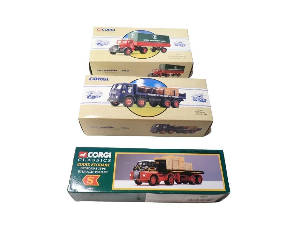 3 Corgi Trucks incl Corgi Classics Eddie Stobart Bedford S Type with Flat Trailer, (1 of 6)