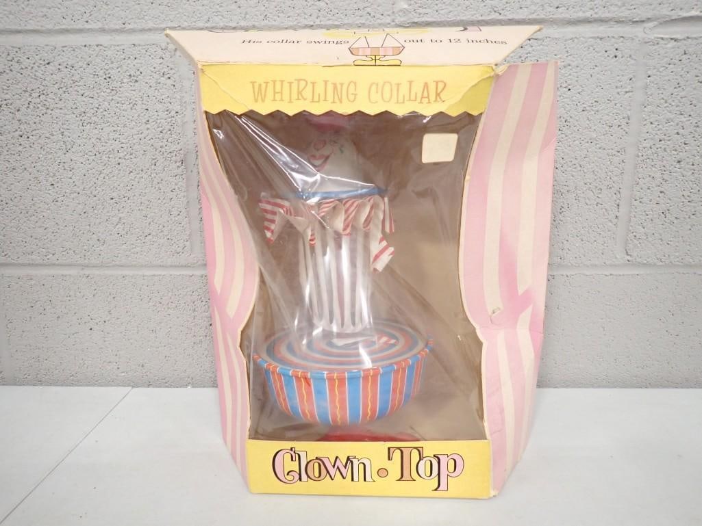Vintage Whirling Collar Clown Top in Original Box: Vintage Whirling Collar Clown Top in Original Box . Box is damaged.