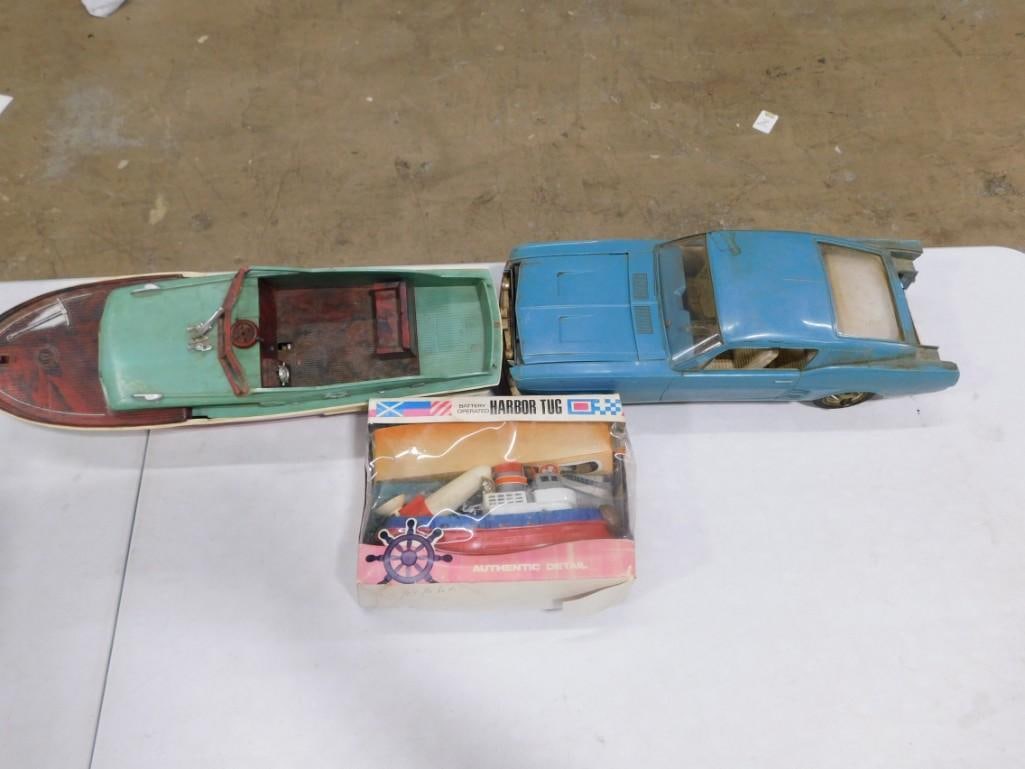 Vintage Die Cast Car, Toy Boat, and Battery Operated Harbor Tug in Original Package: Vintage Die Cast Car, Toy Boat, and Battery Operated Harbor Tug in Original Package