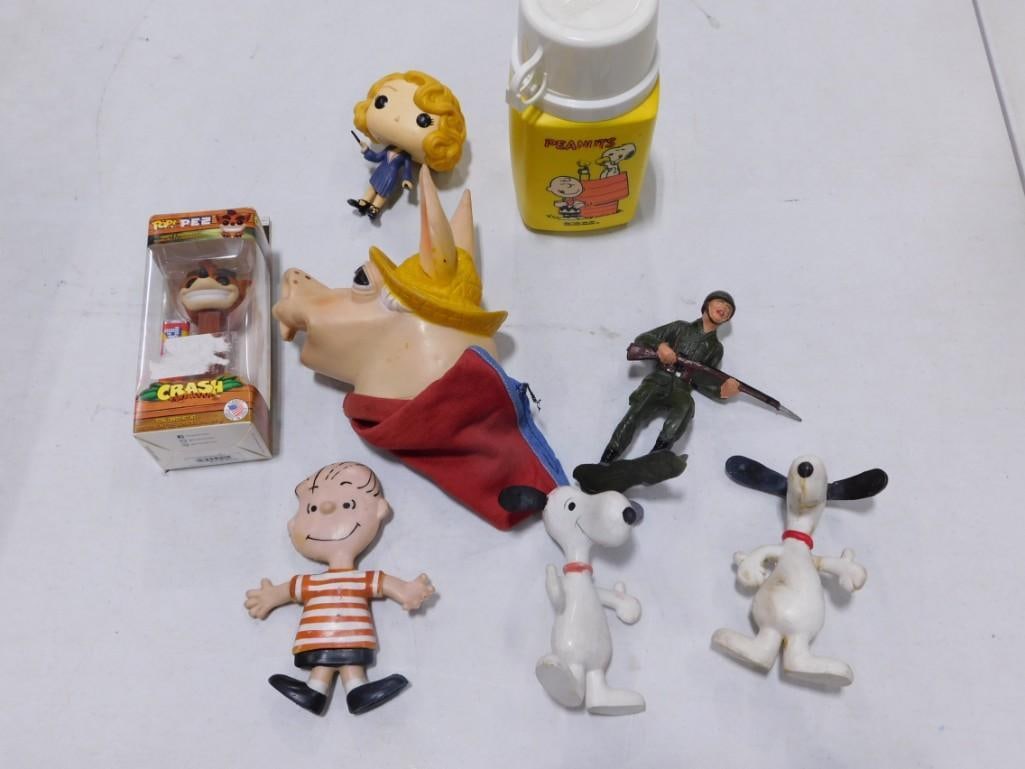 Peanuts Thermos, Snoopy Figures, Linus Figure, 1960s Shari Lewis Charlie Horse Puppet (1 of 3)