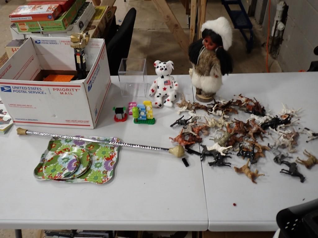Assorted Toy Lot including Native American Doll, Toy Horse Figures, Beanie Baby, Baton, etc. (1 of 7)
