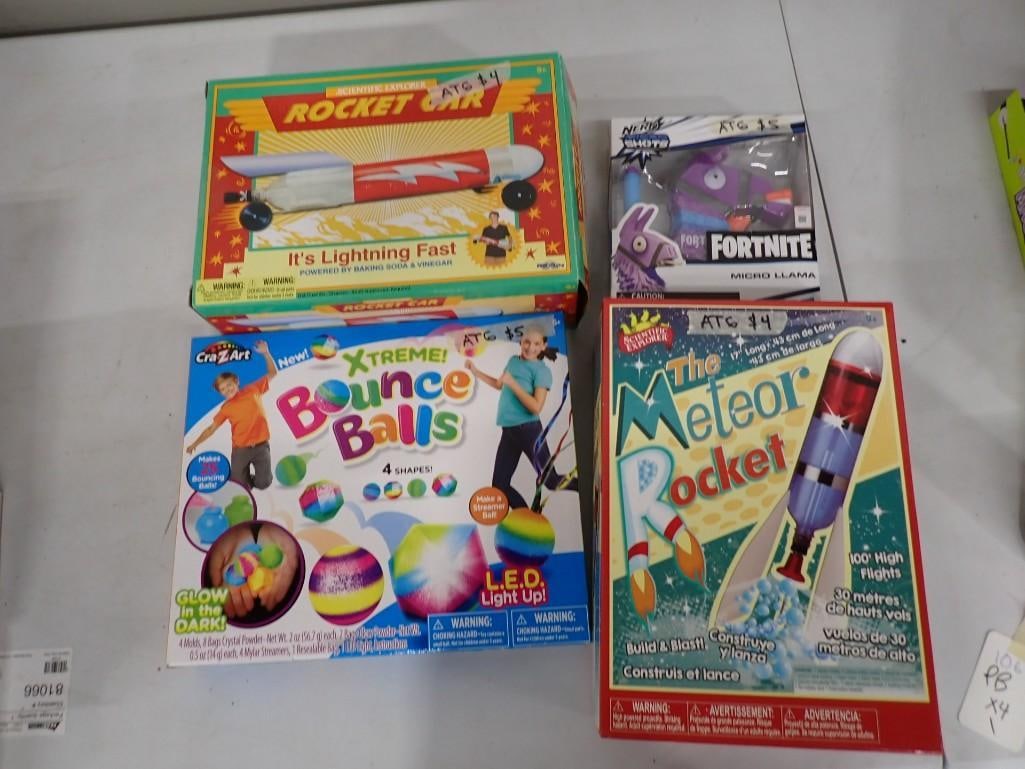 Assorted Toy Lot including Xtreme Bounce Balls, Meteor Rocket, Fortnite Micro Llama, Rocket Car (1 of 14)