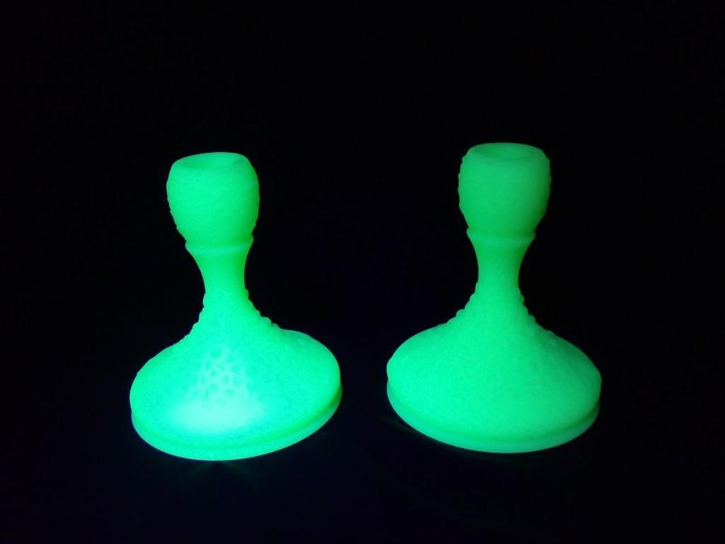 Pr of Fenton Uranium Custard Glass Candlesticks in the Orange Tree Pattern Satin Glass: Pair of Fenton Uranium Custard Glass Candlestick Holders in the Orange Tree Pattern Light Yellow Satin Glass. These glow under black light