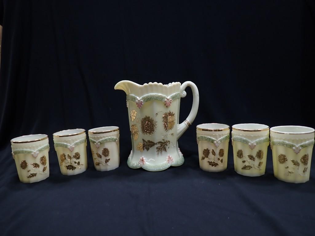 Antique Northwood Uranium Custard Glass Chrysanthemum Sprig Drink Set Pitcher and 6 Tumblers (1 of 9)